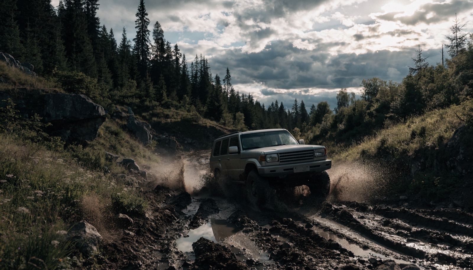 4x4 SUV brázdí hluboké bahno v lese